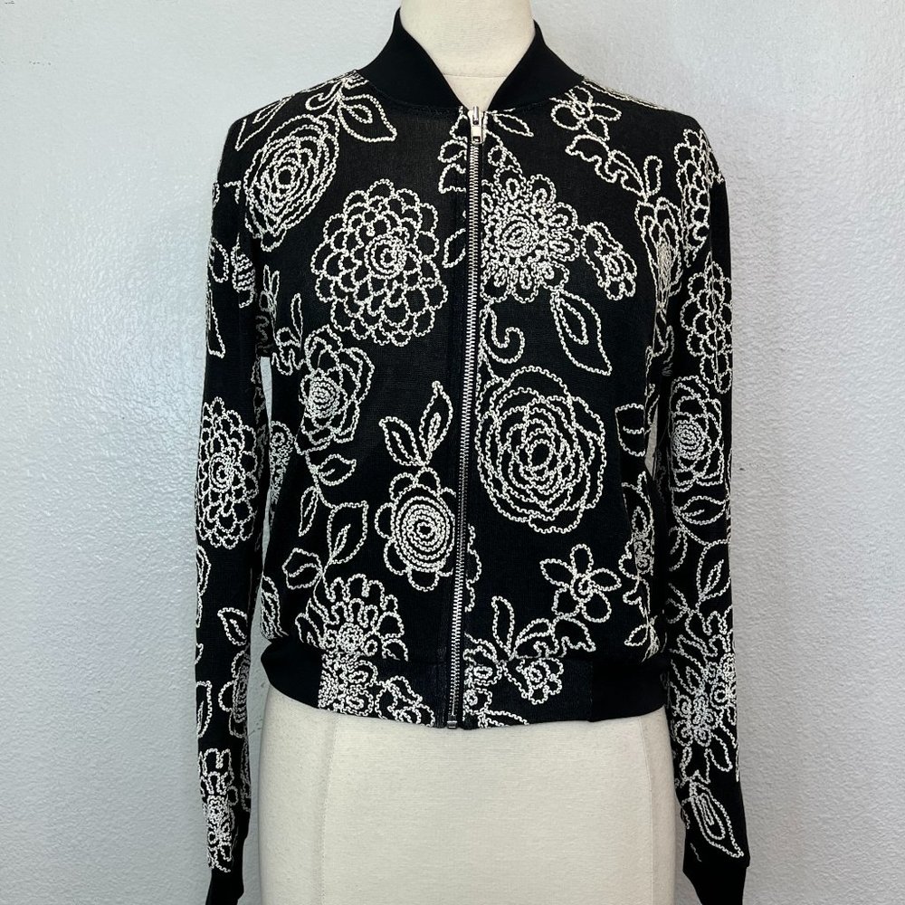 NWT LuLaRoe Elegant Stevie Bomber Jacket Black Floral Embroidered Print Size XS